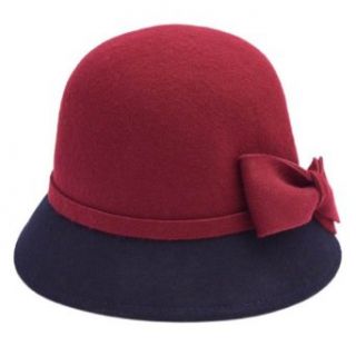 Women's Classic Two Tone Wool Cloche Hat & Bow, Burgundy/Navy Skull Caps