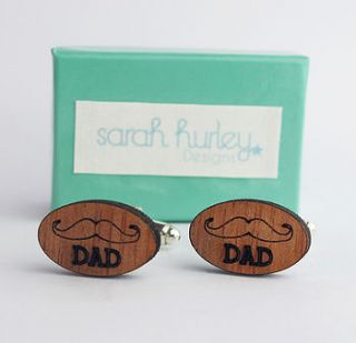 engraved wooden moustache 'dad' cufflinks by sarah hurley designs