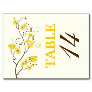 Mason jars & yellow blossoms wedding table number postcards
