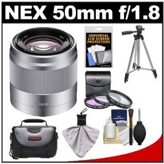 Sony Alpha NEX E Mount 50mm f/1.8 OSS Telephoto Lens (Silver) with 3 UV/FLD/PL Filters + Case + Tripod + Kit for A3000, NEX C3, NEX 5N, NEX 5T, NEX 6, NEX 7 Digital Cameras  Camera Lenses  Camera & Photo