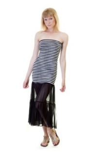 Silvergate Fitted Striped Bodice Sheer Black Chiffon Tiered Bottom Long Maxi Dress Black Small