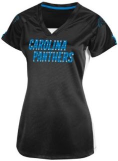 NFL Womens Carolina Panthers Draft Me V Short Sleeve Raglan V Neck Tee (Black/White/Electric Blue, Small)  Sports Fan T Shirts  Clothing