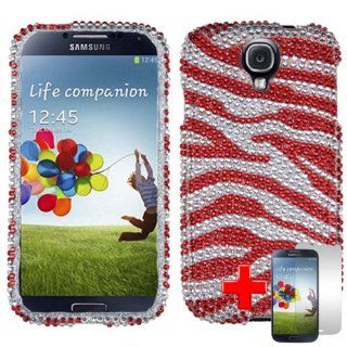 Samsung Galaxy S4 i9500   2 Piece Snap On Rhinestone/Diamond/Bling Case Cover, Red Zebra Stripes Silver Cover + LCD Clear Screen Saver Protector Cell Phones & Accessories