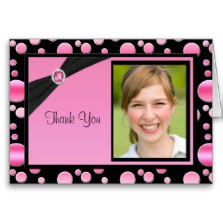 Pink and Black Polka Dot Thank You Card with Photo Greeting Cards