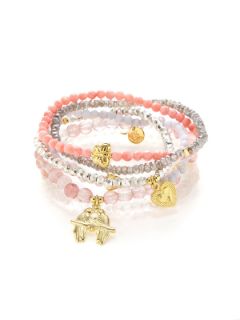 Set of 6 Love Bird Charm, Rose Quartz, & Semi Precious Stone Stretch Bracelets by Good Charma