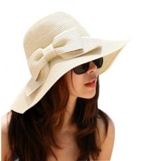 Zcargel Women Fashion Korean Large Wide Brim Bow Beach Sun Straw Hat Cap (Beige)