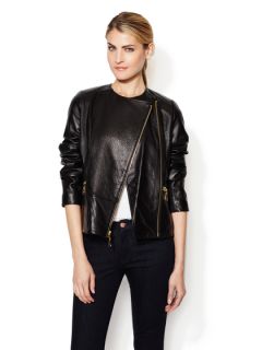 Collarless Leather Jacket with Knit Combo by Via Spiga