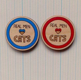'real men heart cats' wooden badge by twiggd