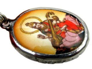 Saraswati, Hindu Goddess of Learning, Music and Poetry, Full Color Enamel Tan Tone Pendant with Ball Chain Necklace and Organza Pouch Jewelry