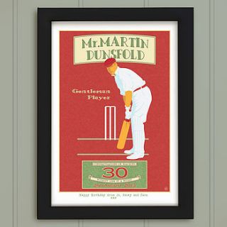 personalised vintage style cricket print by just for you