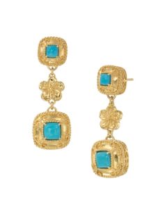 Pompeii Turquoise Cushion & Gold Flower Triple Drop Earrings by DeLatori