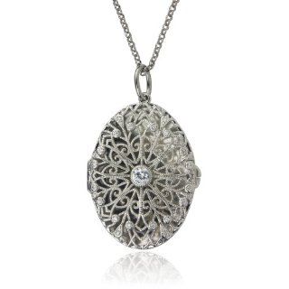 Platinum Plated Sterling Silver Simulated Diamond Oval Locket, 21.75" Jewelry