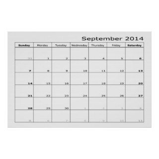 calendar month September 2014 start Sunday Print