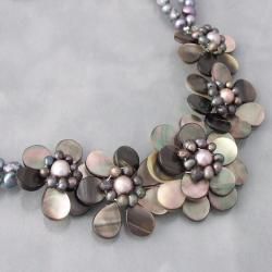 Silver Black Pearl Floral Necklace (Thailand) Necklaces