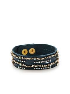 Leather, Crystal, & Gold Chain Multi Strand Bracelet by Presh