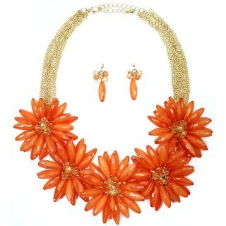 Hugssy Multi Strands Pendant Flowers Statement Necklace Earrings Set, Orange Jewelry