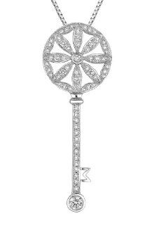 18K White Gold Vintage Style Ferris Wheel Pave Diamond Accent Key Pendant w/ 925 Silver Chain Necklace, 16" (0.40 cttw, G H Color, VS2 SI1 Clarity) Jewelry