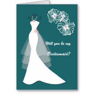 White Wedding dress, flowers on teal Bridesmaid Greeting Cards