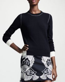 Stella McCartney Contrast Trim Crewneck Sweater & Flower Feather Embroidered Mini Skirt
