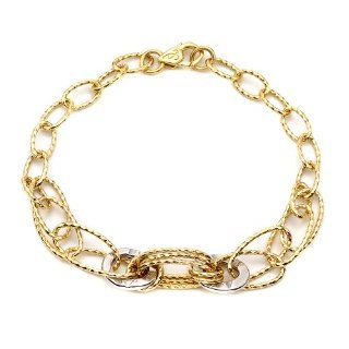 14k Italian Yellow and White Gold Textured Oval Link Bracelet, 7" Jewelry
