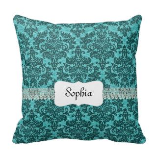 Personalized Vintage Turquoise Damask Throw Pillows