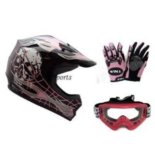 TMS Youth Black Pink Skull Dirt Bike ATV Motocross Helmet with Goggles and Gloves (Large) Automotive