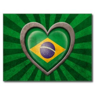 Aged Brazilian Flag Heart with Light Rays Post Card