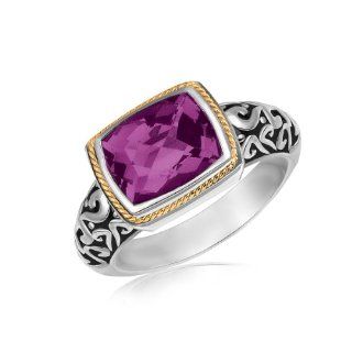 18K Yellow Gold and Sterling Silver Rectangular Amethyst Ring Jewelry