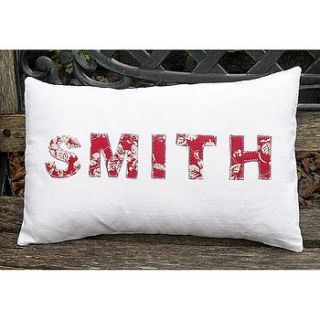 personalised vintage linen appliqued cushion by sacha   smith