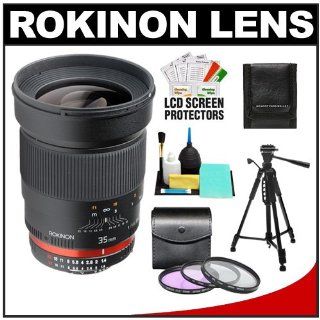 Rokinon 35mm f/1.4 Aspherical Automatic Wide Angle Manual Focus Lens with Filters + Tripod + Cleaning Kit for Nikon D90, D3000, D3100, D5000, D5100, D7000, D300S, D700 & D3S  Camera Lenses  Camera & Photo