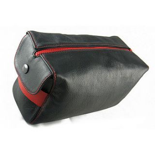 black & red handcrafted leather wash bag by freeload leather accessories