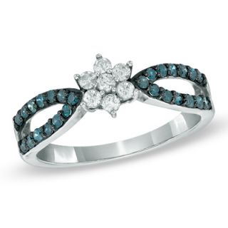 CT. T.W. Enhanced Blue and White Diamond Flower Split Shank Ring