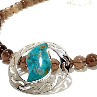 Jay King Turquoise Sterling Silver Round Pendant with 18" Beaded Smoky Quartz N