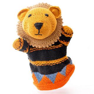 hand knitted organic cotton lion puppet by chunkichilli