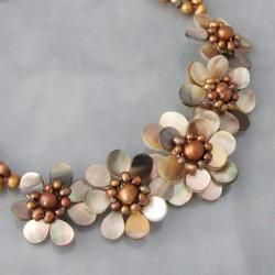 Golden Mother of Pearl/ Pearl Floral Necklace (3 7 mm) (Thailand) Necklaces