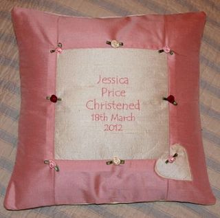 rose silk christening cushion by tuppenny house designs