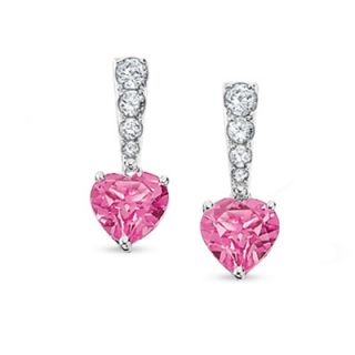 Lab Created Pink Sapphire Stick Heart Earrings in 10K White Gold with