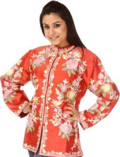 Exotic India Rose of Sharon Jacket from Kashmir with Ari Embroidered Flow   Rose Clothing