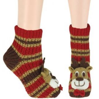 Capelli New York Nifty Reindeer 3D Head At Toe Stripe Acrylic Slipper Sock With Grippers