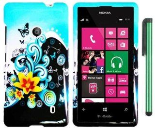 Nokia Lumia 521 (T Mobile)   Butterfly Yellow Lily Flower Blue Splash Premium Vivid Design Protector Hard Cover Case + 1 of New Metal Stylus Touch Screen Pen  Pencil Holders 