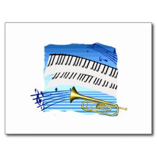 Trumpet and Keyboard, blue theme graphic music Postcards