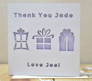 personalised laser cut thank you present card by sweet pea design