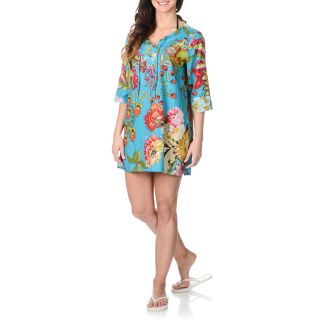 La Cera Womens Turquoise Floral Tunic Swim Cover up
