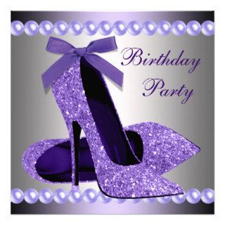 Glitter Pearls Purple High Heels Shoes Birthday Custom Invitation