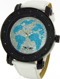 Mens King Master Genuine Diamond Watch World Map Black Case White Leather Band w/ 2 Interchangeable Watch Bands #KM 534 King Master Watches