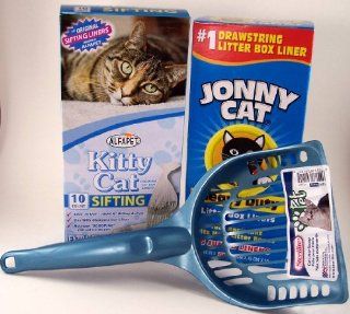 1  Box Jonny Cat Litter Box Liners (5) 36x18, 1  Box Kitty Cat Sifting Litter Box Liners (10) 40x38 and 1  Blue Litter Scoop all in a single BUNDLE 