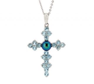 1.40 ct tw Aquamarine & Pearl Sterling Cross Pendant with Chain —
