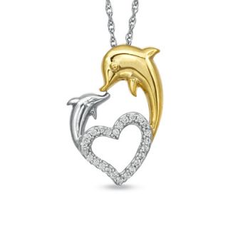 CT. T.W. Diamond Kissing Dolphins Heart Pendant in Sterling Silver