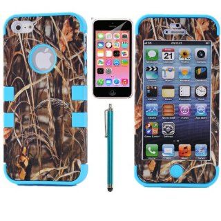 XYUN 3 pieces Straw Grass Mossy Camo Hybrid Hard Silicone Cover Case for Iphone 5c with Free Screen Protector and Stylus (Blue) Cell Phones & Accessories