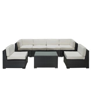 Aero Outdoor Wicker Patio 7 piece Sectional Sofa Set In Espresso With White Cushions